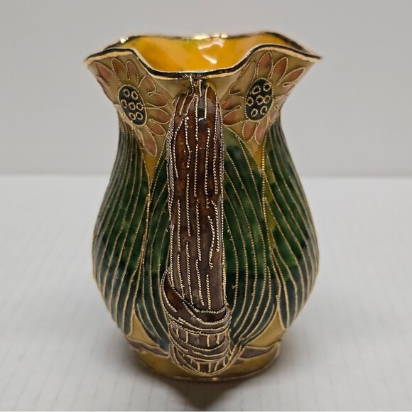 Vintage Oriental Enameled Cloisonne Vase, Decorative Floral Creamer Pitcher - Picture 3 of 8